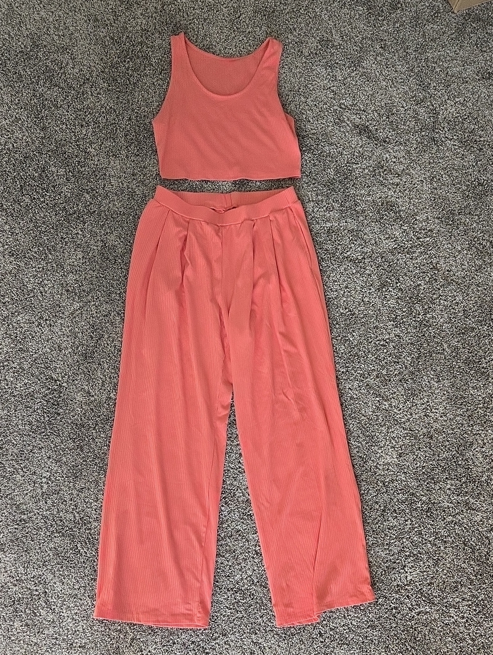 Women's Ribbed Wide-Leg Pants & Crop Tank Set - Coral Pink
